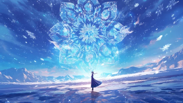 Elsa standing in front of a giant snowflake as her magic glows.