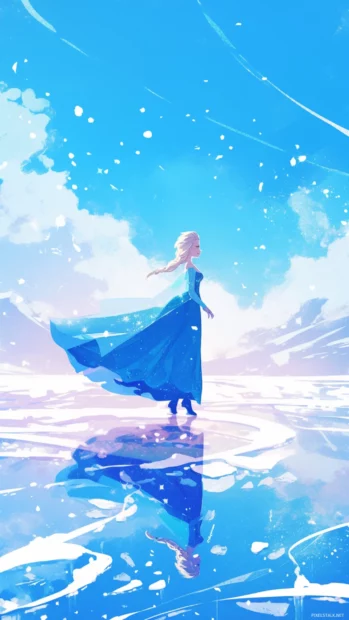 Elsa walking across a frozen lake with snowflakes swirling around.