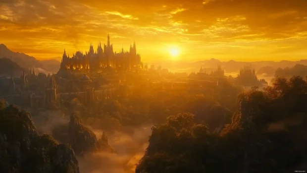 Elven city in golden sunset, perfect inspiration for fantasy world PC wallpapers 4K.