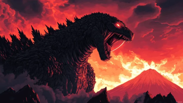 Emergency sirens flash as Godzilla roars from a mountaintop.