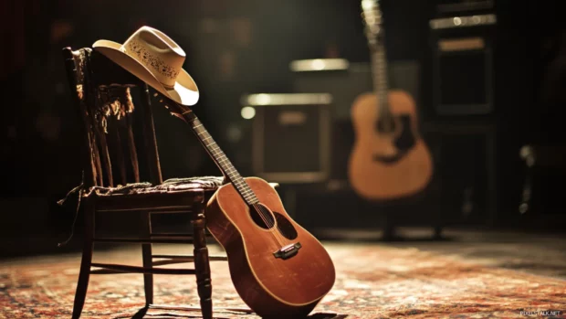 Empty chair with cowboy hat and guitar waiting backstage.