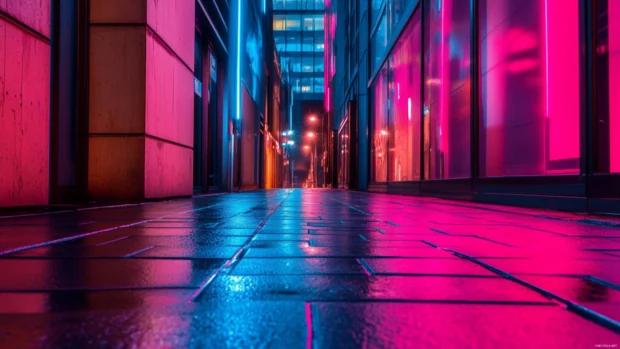 Empty futuristic alley filled with pink and blue neon glow inspired by Cyberpunk neon streets wallpaper.