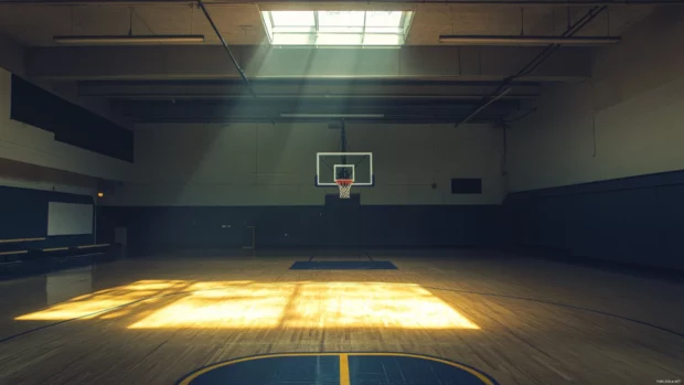 Empty gym with basketball resting at center court, spotlight above.