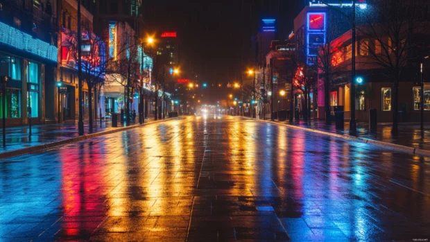 Empty neon lit city street at midnight rain.