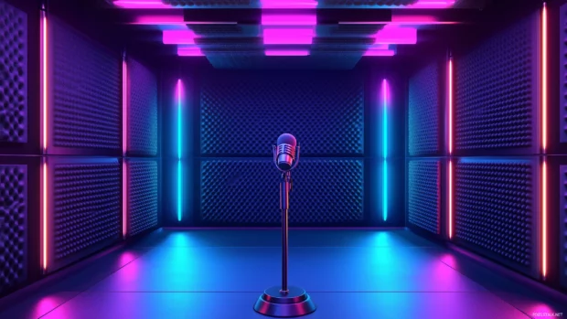 Empty recording booth with LED lit microphone and soundproof panels, capturing creative energy.