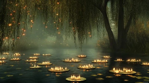 Enchanted lake with floating candles and whispering willows.