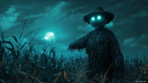 Enchanted scarecrow with glowing eyes standing in moonlit cornfield.