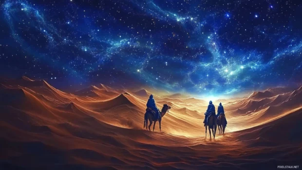 Endless deserts twinkling under galaxy veils, painting the wonder of shimmering galaxy night wallpaper.