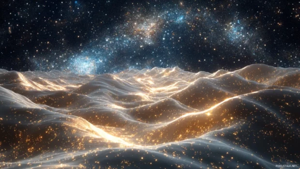Endless dunes crowned by shimmering galaxies.
