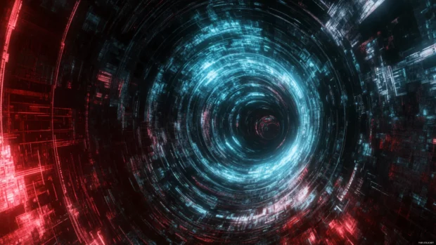 Endless neon tunnel spiraling into blackness.