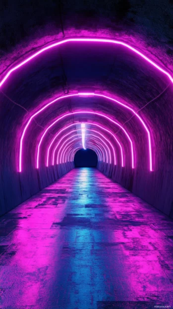 Endless tunnel glowing with dark neon pulses illuminated by Dark neon tunnel wallpaper.