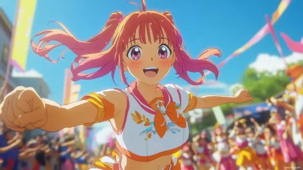 Energetic anime girl leading a parade at a fantasy festival.