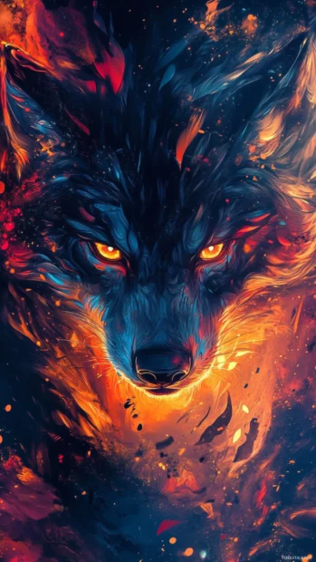 Energetic graffiti splash with wolf eyes glowing in the center of a cool design.