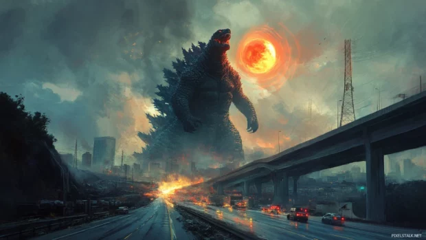 Energy orbs swirl around Godzilla towering above a ruined highway.