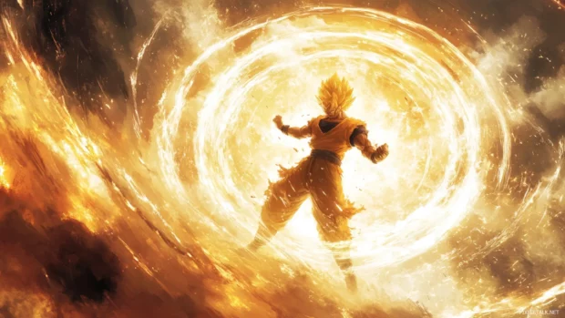 Energy rings spiral around Goku as he flies toward the sky with incredible speed.