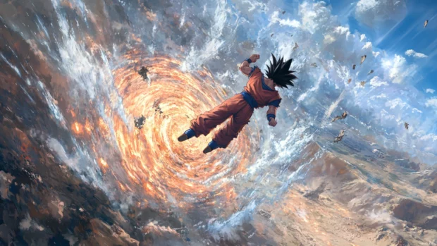 Energy ripples across the ground as Goku lifts into the air with casual ease.