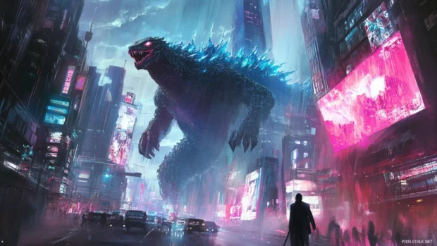 Energy shields reflect buildings around Supercharged Godzillas charge.