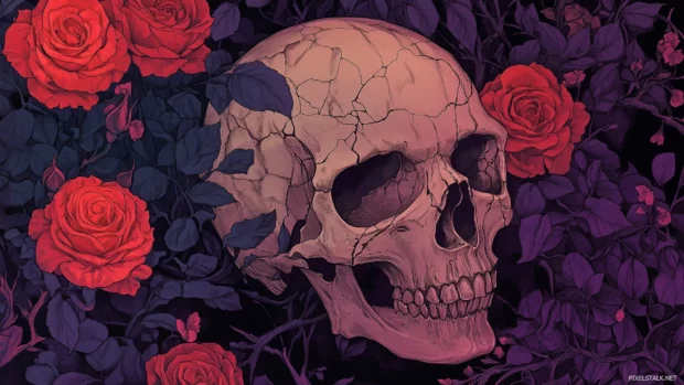 Engraved skull, cascading dark red and purple roses, black background.