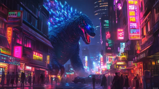 Epic Godzilla 4K desktop wallpapers featuring the King of Monsters in a neon lit city.