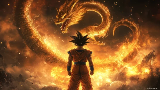 Epic Goku Wallpaper HD 1080p with Goku and a rising golden dragon behind him.