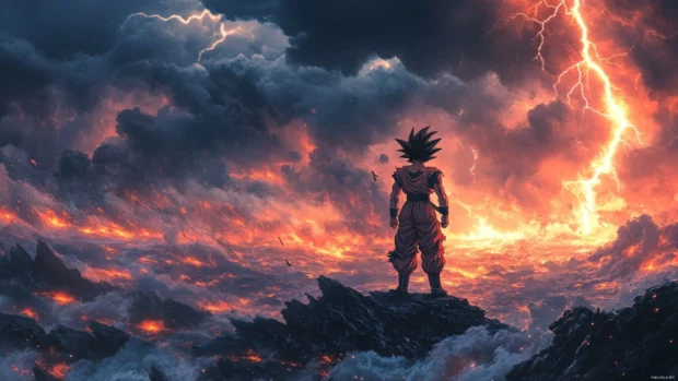 Epic Goku Wallpapers featuring Goku standing tall above a battlefield lit by lightning and fire.