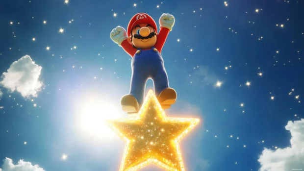 Epic Mario Star Wallpaper with Mario standing triumphant on a glowing star platform in the sky.