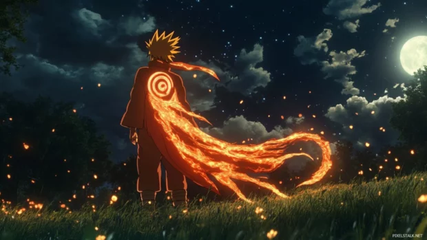 Epic Naruto PC Wallpapers featuring the Nine Tails Chakra cloak glowing in the night.
