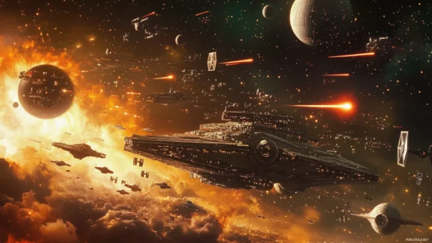 Epic Star Wars duel scene in galactic battlefield, best Star Wars desktop wallpaper.