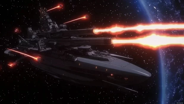 Epic anime space battles with ships firing beams across galaxies.