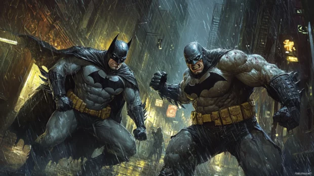 Epic battle between Batman and Bane in rain soaked alley, best Batman desktop wallpaper.