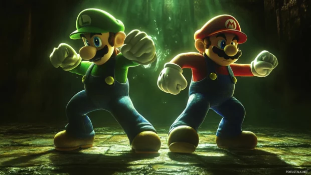 Epic battle pose of Mario and Luigi with dramatic lighting and shadows, a must have Mario Bros Desktop Wallpaper.