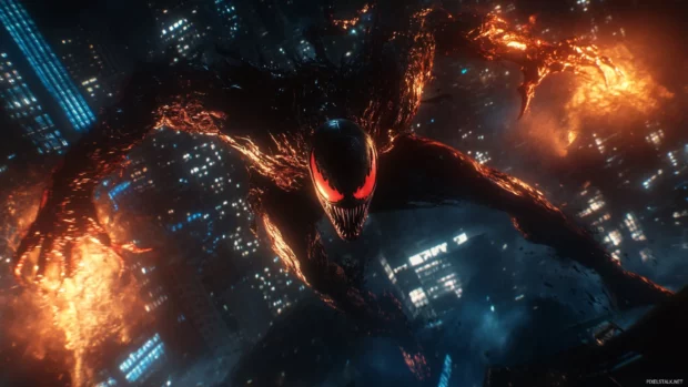 Epic battle scene featuring Spider Man vs Venom in a night cityscape, best Spider Man background for desktops.