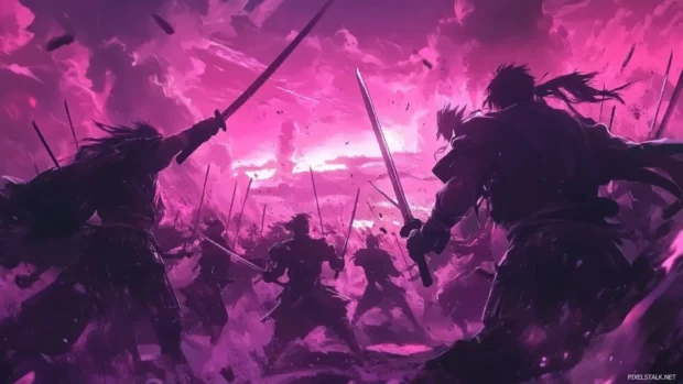 Epic battle scene with anime warriors, perfect anime background for PC.