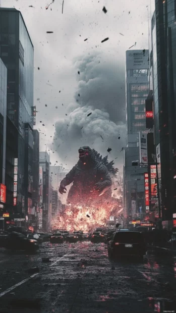 Epic city destruction in cinematic Godzilla iPhone wallpapers HD and 4K.