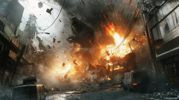 Epic destruction scene in ultra detailed Supercharged Godzilla HD wallpapers for desktop.