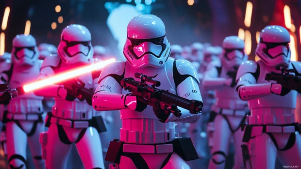 Epic galactic battle scene from Star Wars featuring lightsabers and stormtroopers in quality, perfect for Star Wars PC Wallpapers.