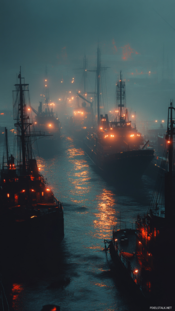 Epic night scene of a cyberpunk harbor filled with glowing ships and fog, great for cyberpunk phone wallpapers 4K.
