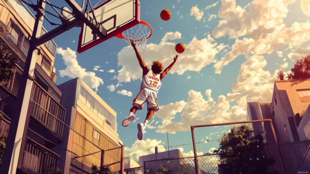 Epic slam dunk scene captured in ultra HD basketball desktop wallpaper.