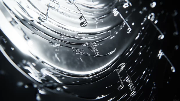 Etched music notes, reflective glass, curved light glow, ethereal shine.