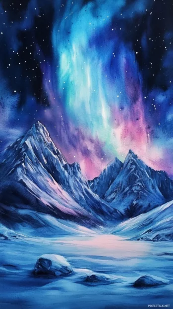Ethereal Watercolor Northern Lights Dancing Over Snowy Mountains.
