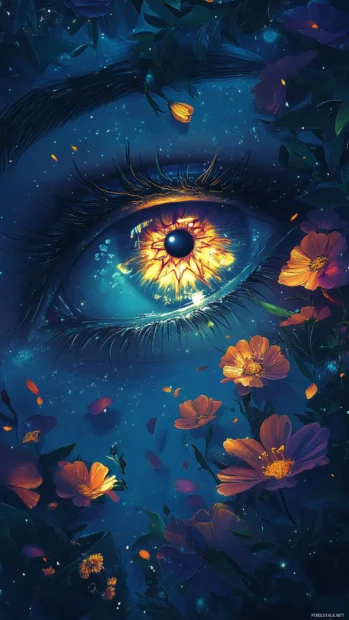 Ethereal eyes opening in flower petals under a glowing moon, full of trippy ambiance.