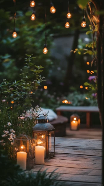Evening Summer Vibes shimmer across a lantern lit garden party with soft lights twinkling in the dusk.