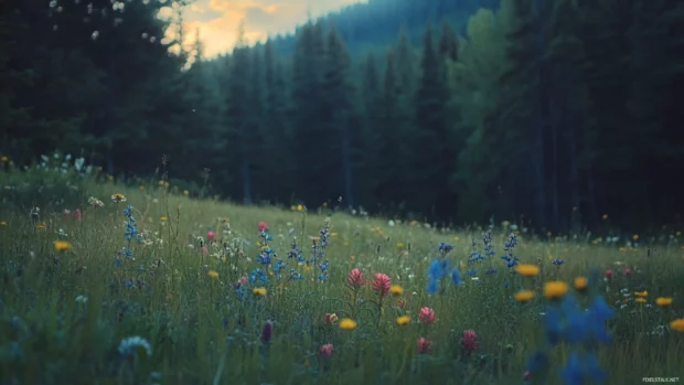 Evening falls on a peaceful forest meadow dotted with wildflowers.