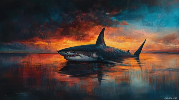 Evening light reflecting off shark dorsal ridge.