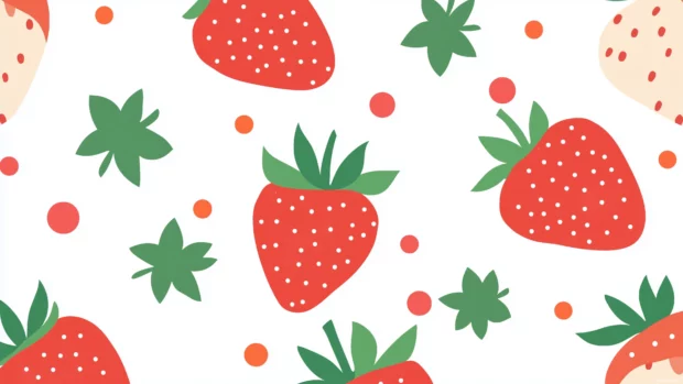 Evenly spaced strawberries and dots, white background, flat illustration, minimalist clean style.