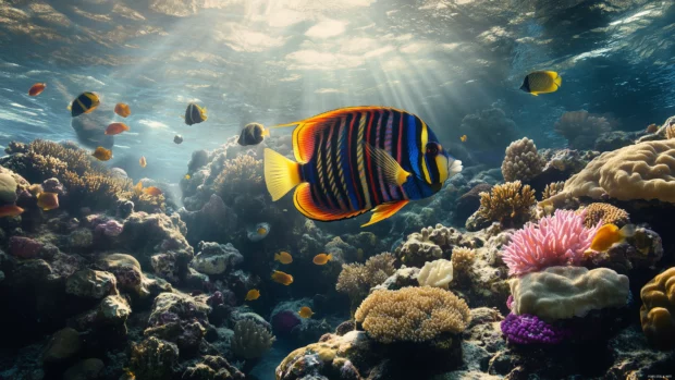 Exotic angelfish, bold patterns colors, calm underwater scene exploring, mix rocks plants coral.