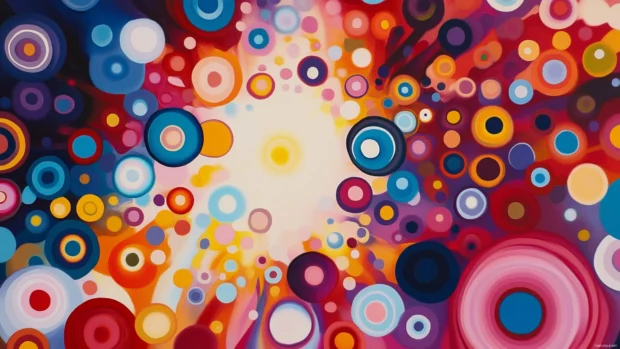 Expanding circles and color trails exploding outward from the center in trippy fluidity.