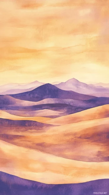 Expansive dunes painted in soft golds and purples, a beautiful sunset desert watercolor illustration.