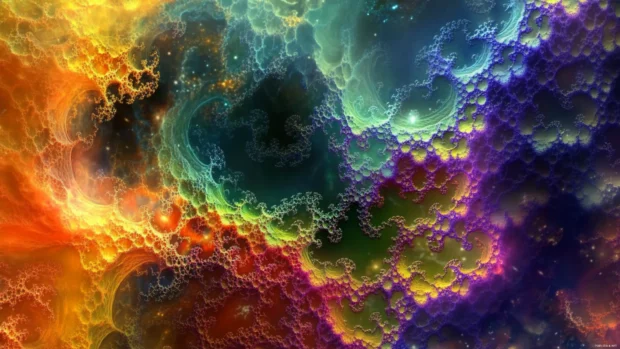 Experience a trippy live wallpaper desktop, a living nebula of shifting colors and ethereal forms, dynamic and fluid.