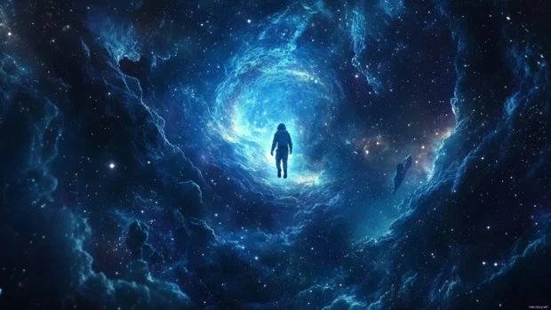 Experience the tranquility of deep space with an astronaut drifting through a sea of stars, ideal for high resolution Astronaut in Space Wallpaper.